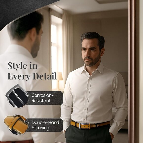 Genuine Leather Dress Belt for Men Tan Mens Belt for Suits Jeans Uniform USA - Picture 3 of 7